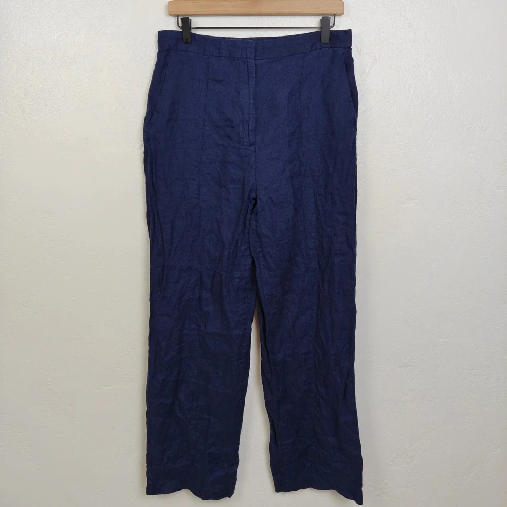 Zara Womens Pants Large Navy Blue 100% Linen Straight Leg High Rise Seam Detail